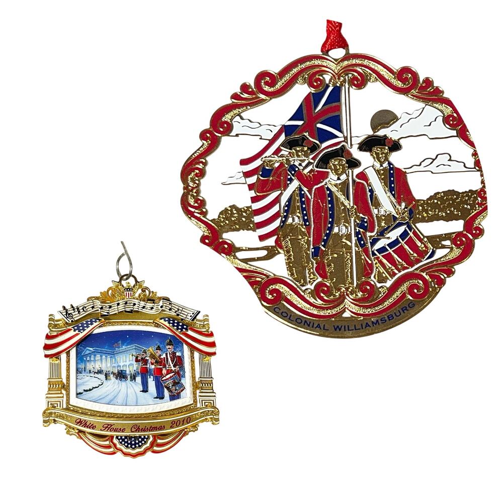 White House Colonial Williamsburg Christmas Ornament Lot Metal Gold Red 2 Pc